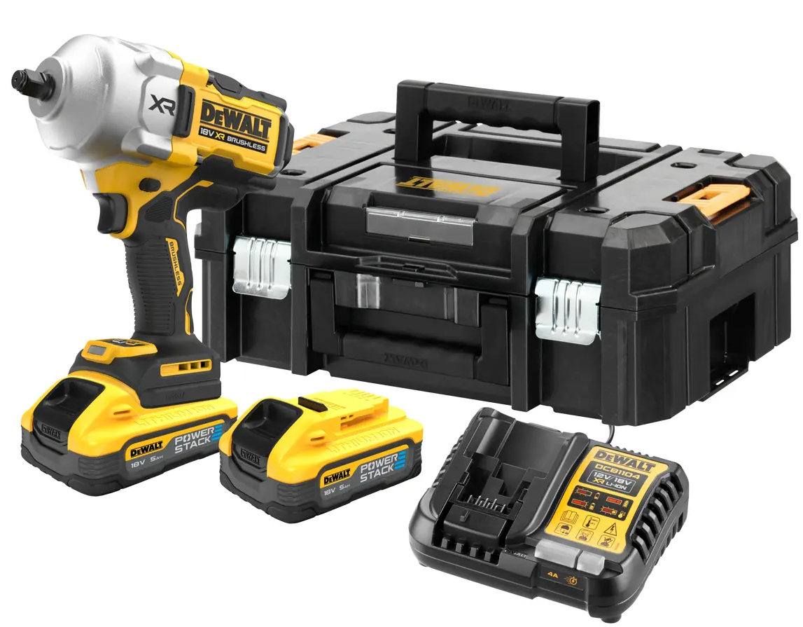 DeWalt cordless impact wrench kit with a black and yellow impact driver, two battery packs, a black carrying case, and a dual battery charger on a white background.