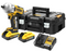DeWalt cordless impact wrench kit with a black and yellow impact driver, two battery packs, a black carrying case, and a dual battery charger on a white background.