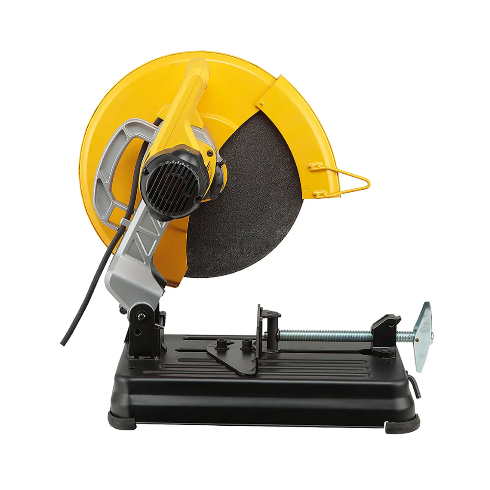 A yellow and black circular saw miter saw with a large yellow blade guard and a black base, shown on a plain white background.