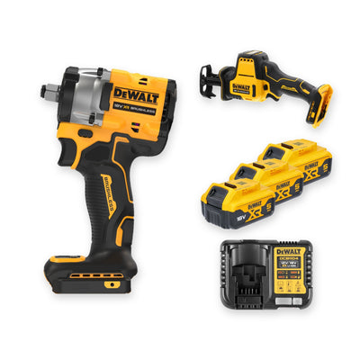 DeWalt cordless power tool kit on a white background, including a 1/4-inch impact wrench, reciprocating saw, two 18V lithium-ion batteries, and a dual-port charger.