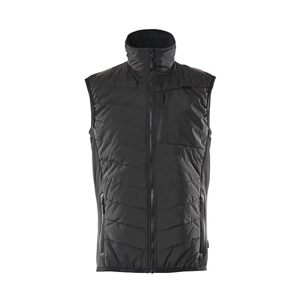 A black sleeveless puffer vest with a high collar and front zipper, shown against a plain white background.