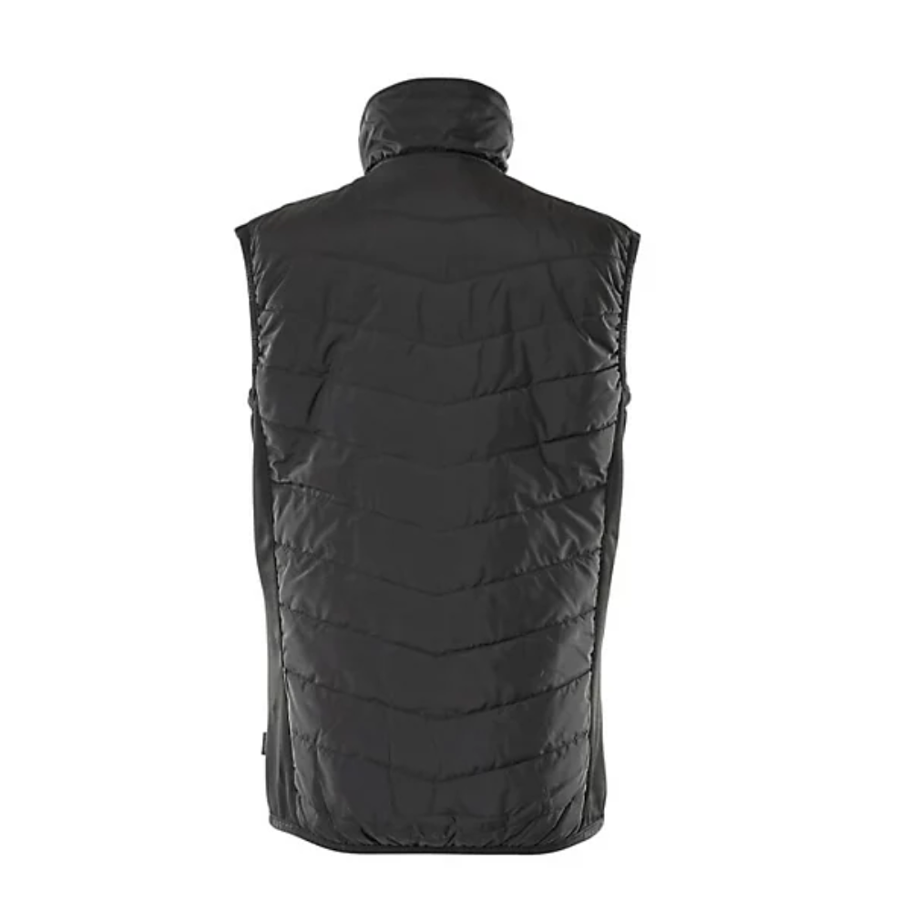 Black puffer vest on a white background