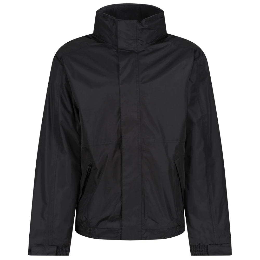 A black lightweight jacket with a stand-up collar, front zipper, and zippered hand pockets, shown against a plain white background.