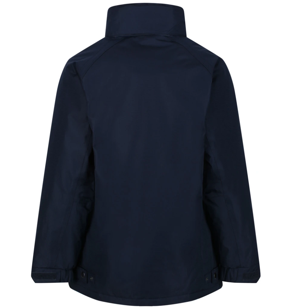 A dark navy blue jacket shown from the back, featuring a high collar and long sleeves, photographed against a solid white background.