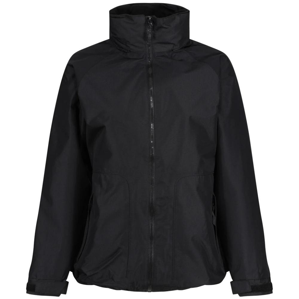 A black lightweight jacket with a high stand-up collar, full front zipper, and zippered hand pockets, shown on a plain white background.