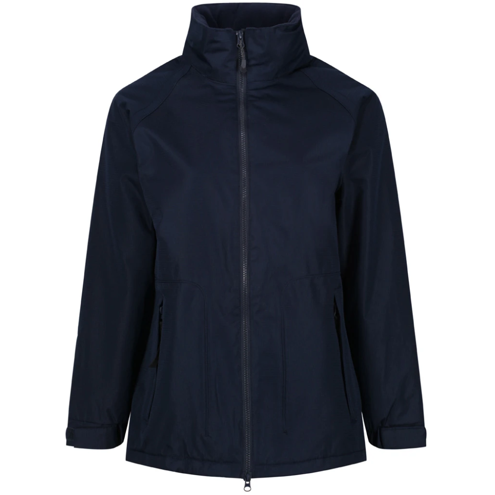 A dark navy blue lightweight jacket with a full front zipper, high stand-up collar, and zippered hand pockets, shown against a plain white background.