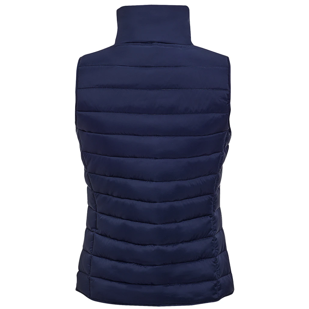 A navy blue sleeveless puffer vest with a high mock neck collar, shown from the back against a plain white background.