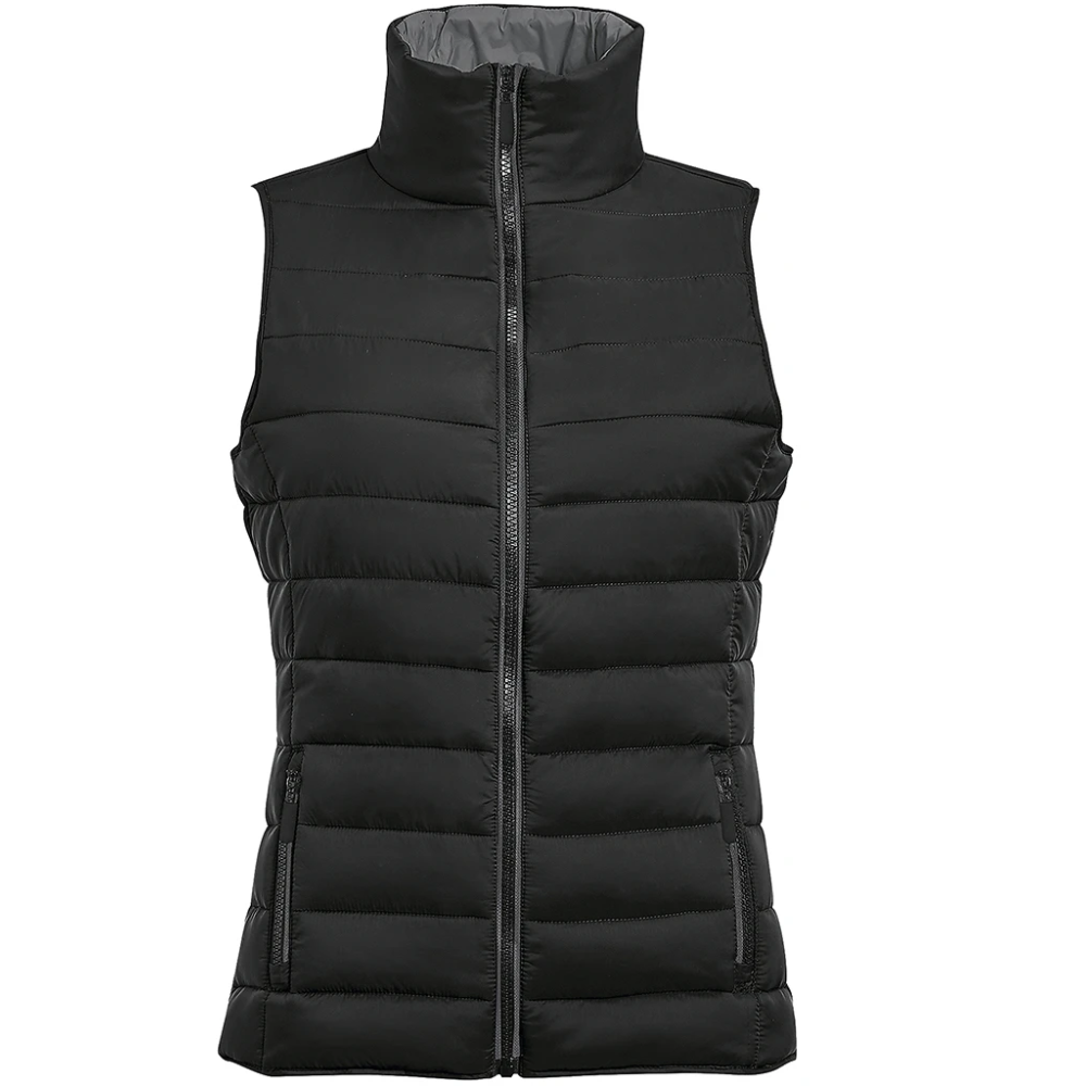 A black sleeveless puffer vest with a high stand-up collar and front zipper, shown against a plain white background.