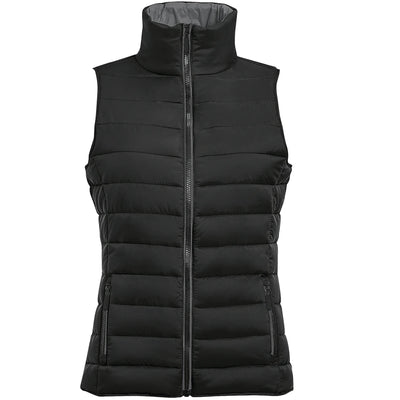 A black sleeveless puffer vest with a high stand-up collar and front zipper, shown against a plain white background.