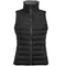 A black sleeveless puffer vest with a high stand-up collar and front zipper, shown against a plain white background.