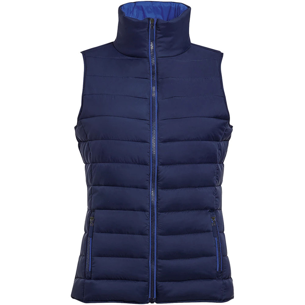 A navy blue sleeveless puffer vest with a high stand-up collar, front zipper, and zippered side pockets, shown against a plain white background.