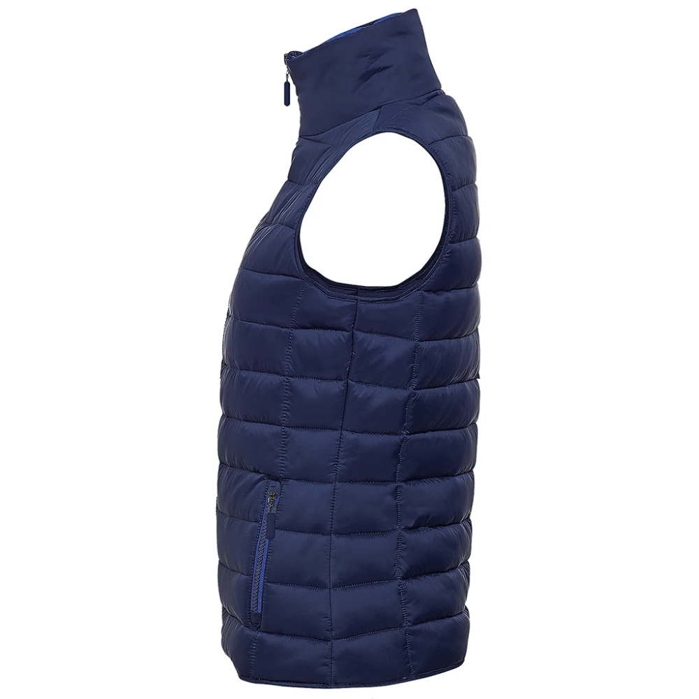 Navy blue puffer vest on a white background