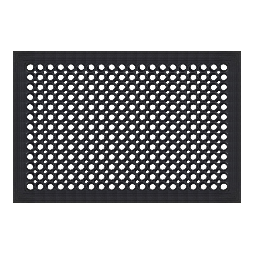 A rectangular black rubber mat with a uniform grid of circular cutouts, shown flat against a solid white background.