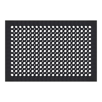 A rectangular black rubber mat with a uniform grid of circular cutouts, shown flat against a solid white background.