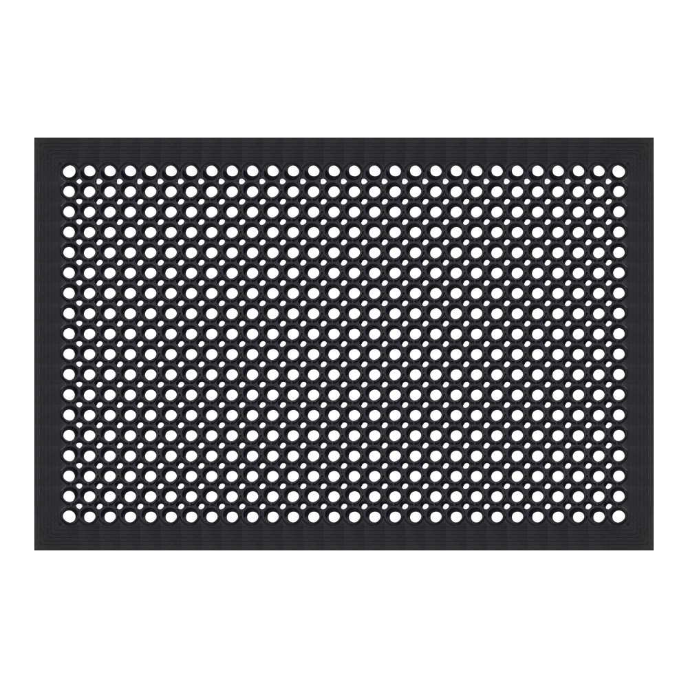 A rectangular black mat with a uniform grid of circular cutouts, shown flat against a solid white background.