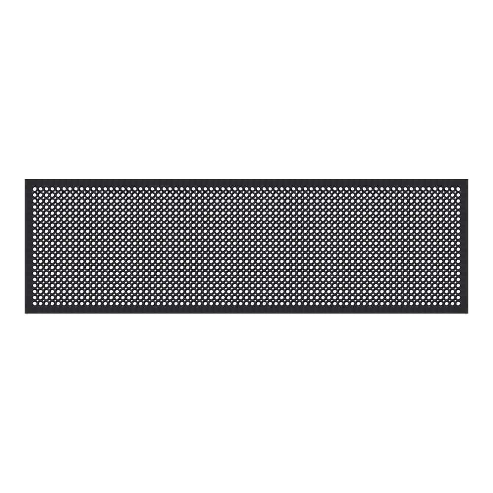 A rectangular black speaker grille with a dense pattern of small circular cutouts, shown horizontally against a plain white background.