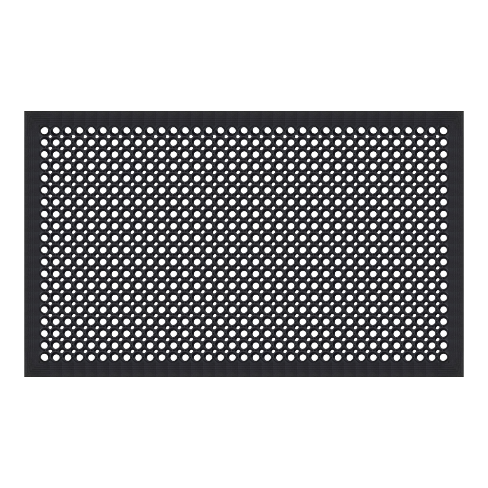 A rectangular black mat with a dense pattern of small circular cutouts, shown flat against a plain white background.