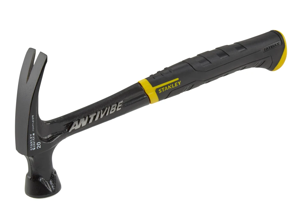 A Stanley Antivibe claw hammer with a black and yellow handle, shown diagonally on a plain white background.