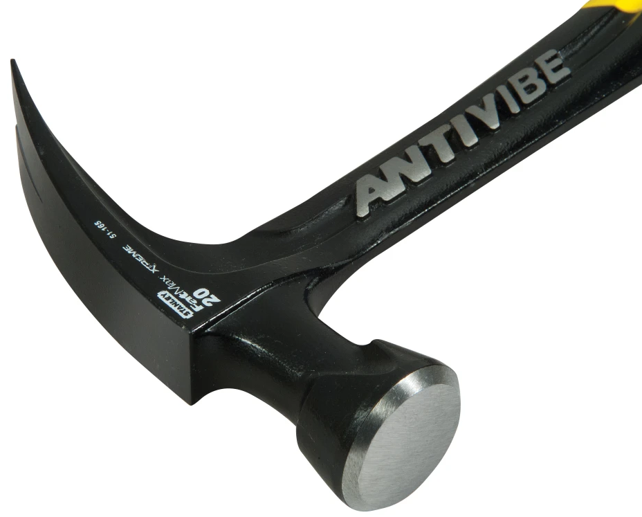 A close-up studio shot of a black claw hammer with a silver metal face and a yellow-and-black handle, showing the brand name ANTIVIBE on the handle against a white background.