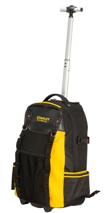 A Stanley DuraMax rolling tool bag with a telescoping silver handle extended, featuring a black and yellow color scheme on a white background.