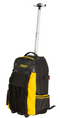 A Stanley DuraMax rolling tool bag with a telescoping silver handle extended, featuring a black and yellow color scheme on a white background.