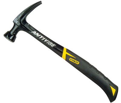 A Stanley Antivibe claw hammer with a black and yellow textured handle, shown diagonally on a plain white background.