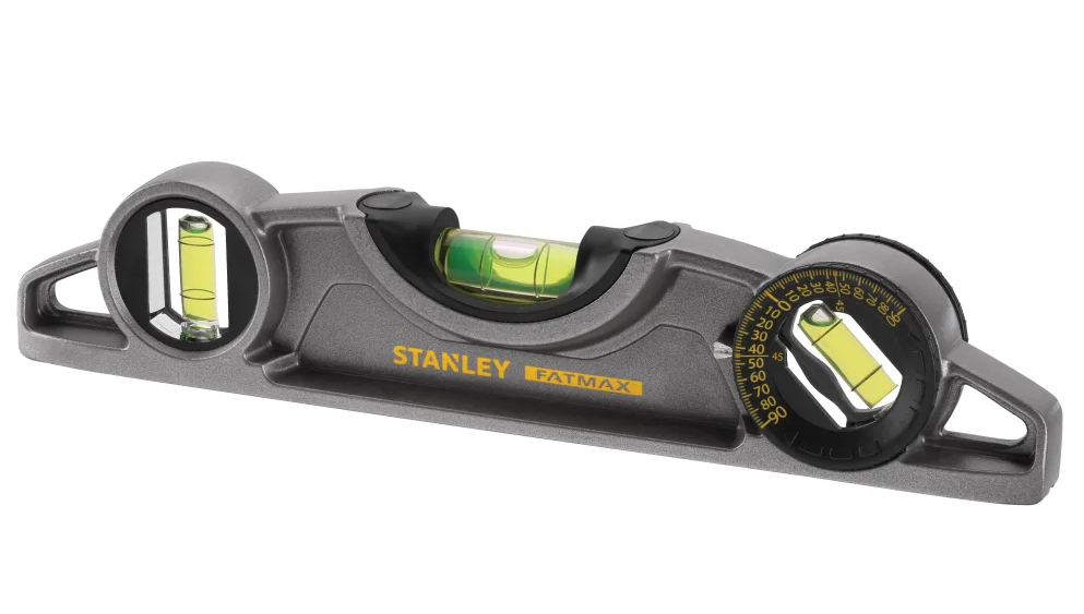 A Stanley FatMax spirit level tool with a dark gray body, yellow branding, and three vials showing liquid levels, photographed on a solid white background.