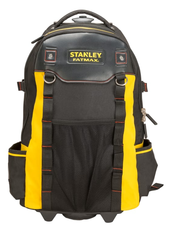 A black and yellow Stanley Fatmax tool backpack with multiple compartments, side pockets, and a top handle, shown against a plain white background.