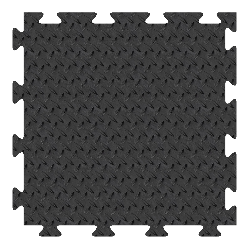 A single interlocking foam floor tile with a raised diamond plate texture in black, shown on a plain white background.