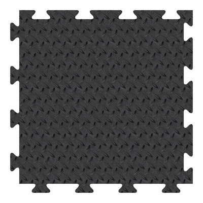 A single interlocking foam floor tile with a raised diamond plate texture in black, shown on a plain white background.