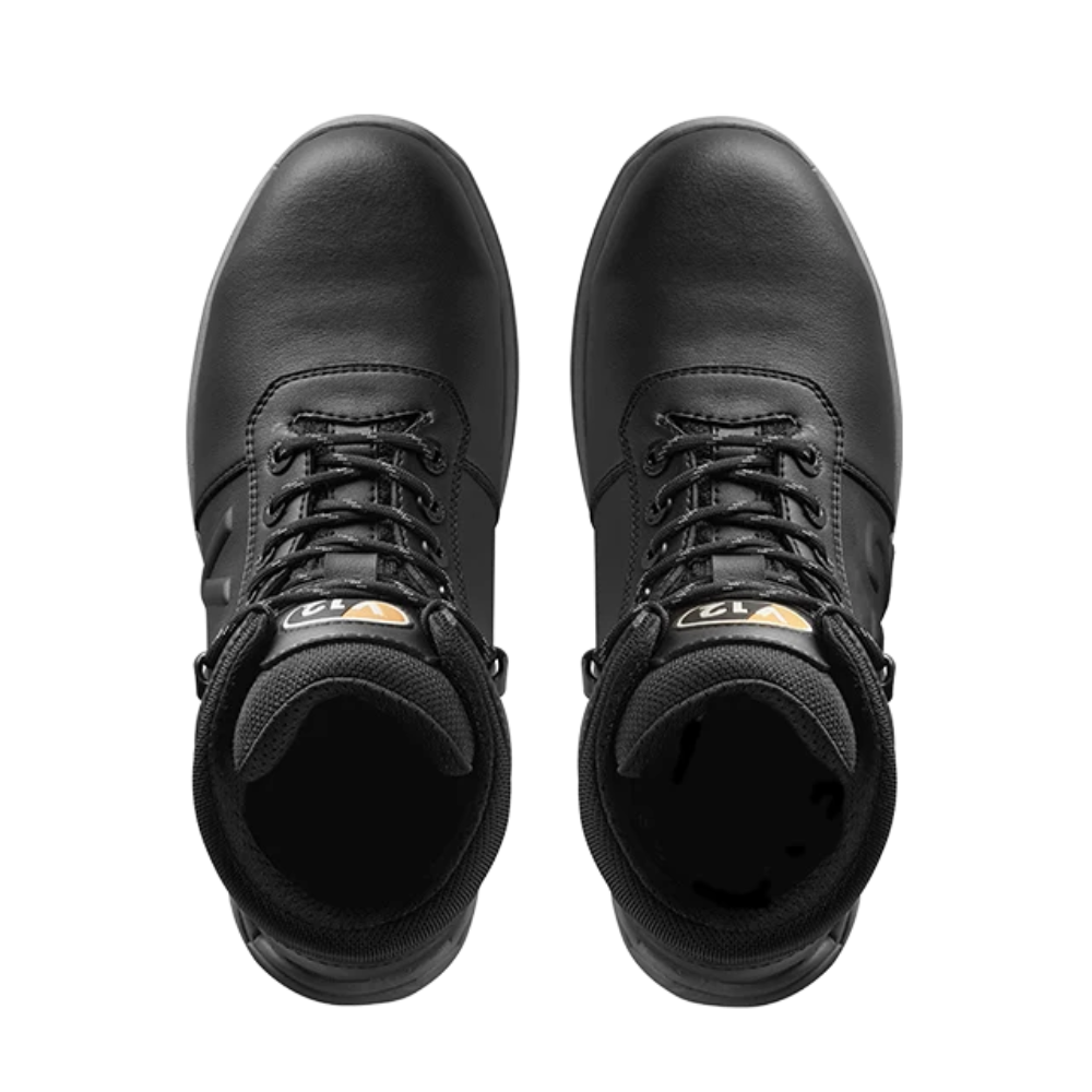 A pair of black leather lace-up boots shown from a top-down view on a plain white background.