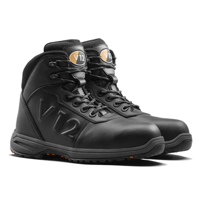 A pair of black high-top safety boots with embossed 'V12' branding on the side and tongue, shown on a clean white background.