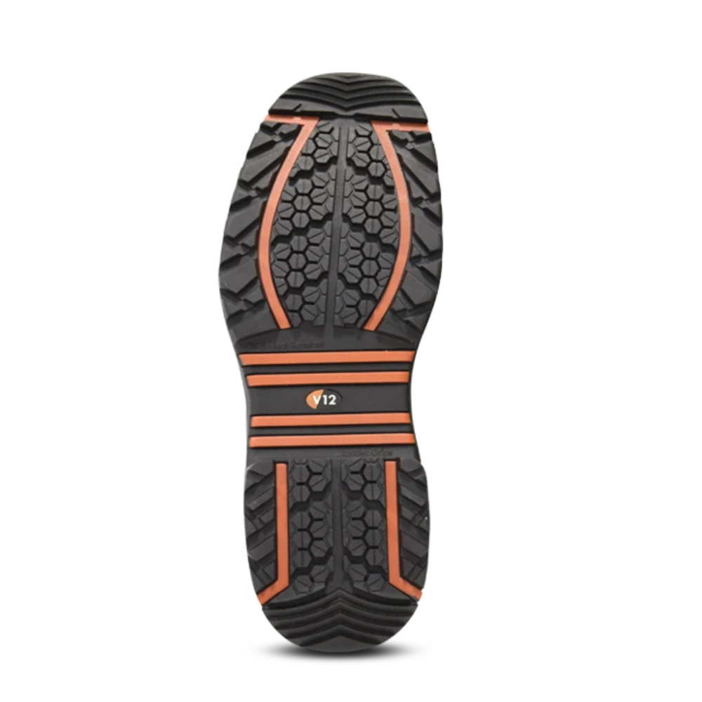 A close-up of a black rubber shoe sole with orange accent stripes and tread patterns, shown against a plain white background.
