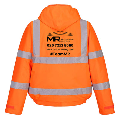 Hi Vis Bomber Jacket, Orange, c/w 1 Colour MR Scaffolding Logo Front & Rear